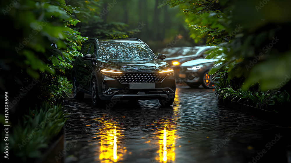 A dark automobile parked on a wet brick pathway outdoors