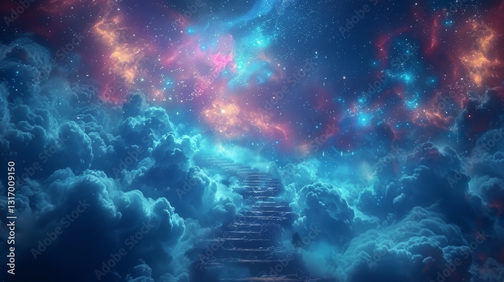 Abstract representation of a twisted staircase merging into the sky with clouds and stars symbolizing a journey to the unknown Abstract representation of a twisted staircase merging into the sky with clouds and stars symbolizing a journey to the unknown