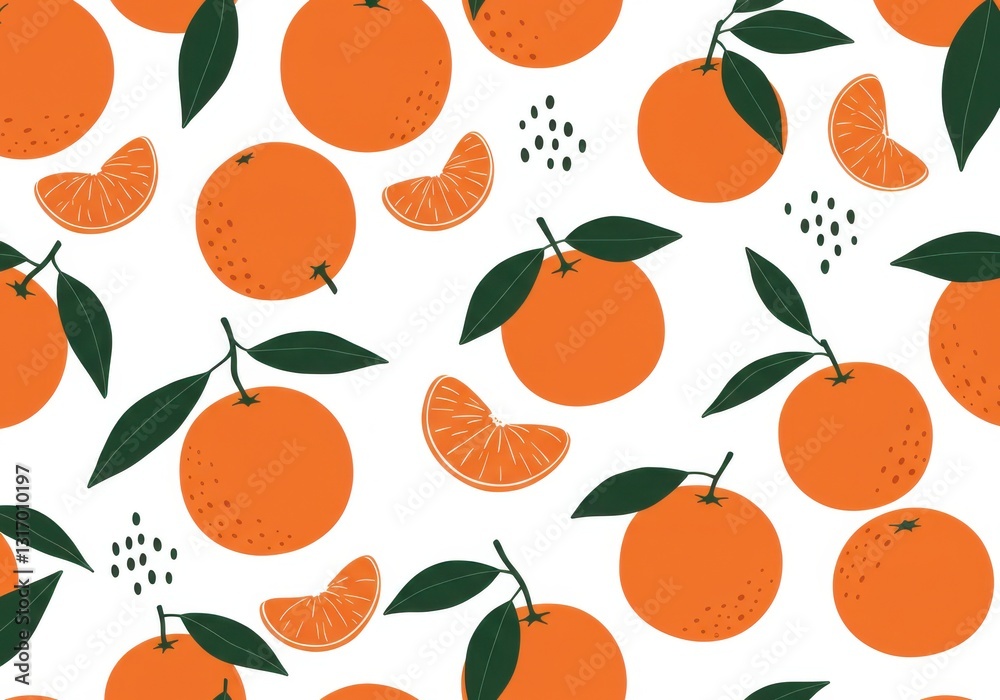 Vibrant citrus pattern, oranges and tangerines, minimalist fruit illustration, green leaves, white background, cheerful color palette, seamless repeat design Vibrant citrus pattern, oranges and tangerines, minimalist fruit illustration, green leaves, white background, cheerful color palette, seamless repeat design