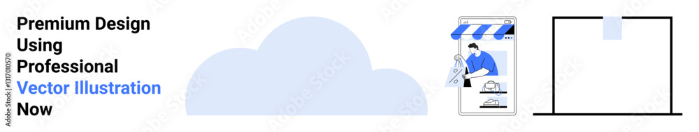 Cloud element beside a storefront with a worker arranging products under an awning. Ideal for e-commerce, technology, marketing, branding, entrepreneurship, online services, flat landing page banner