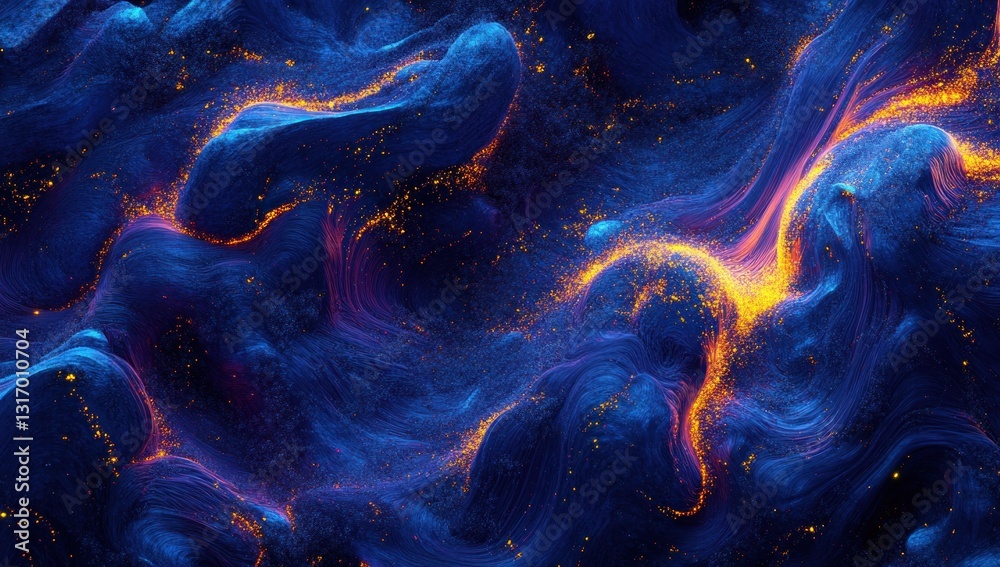 Naklejka premium Abstract blue and orange swirling nebula with glittering particles.