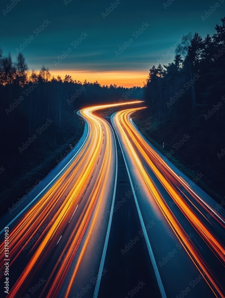 Obraz premium Dynamic highway at twilight with light trails cutting through the forest landscape in a long exposure shot