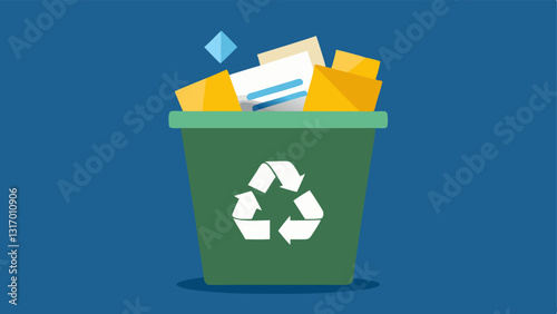 Recycling Bin An overflowing recycling bin struggling to contain a mix of flattened cardboard cled paper and plastic mailers with a recycling symbol visible.