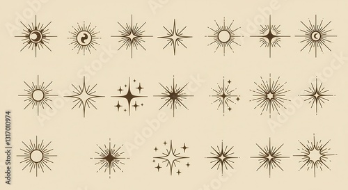 Vintage star shapes, golden celestial elements, minimalist design, retro sparkles, mid-century modern aesthetic, symmetrical starbursts, cosmic symbols, beige