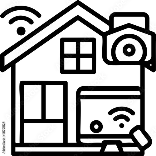 Smart home illustration with camera and WiFi symbols.