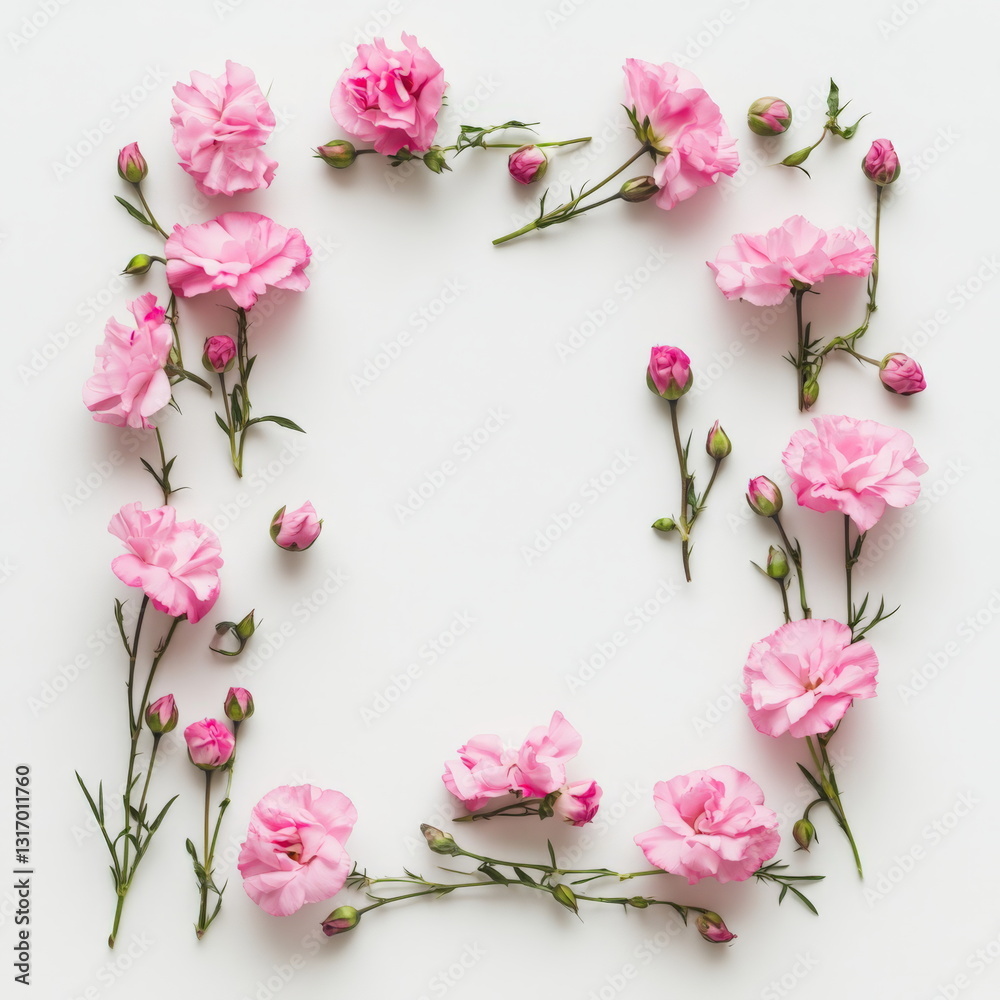 Pink carnations arranged in the shape of an empty square frame on a white background Pink carnations arranged in the shape of an empty square frame on a white background