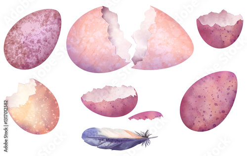 Lilac broken eggs and bird feather. “Lilac Spring” collection for creating floral and Easter designs