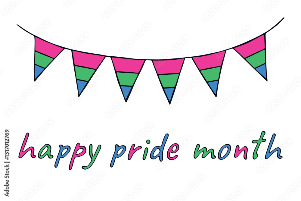 Obraz premium Colorful garland Polysexual pride flag Happy pride day LGBTQIA community Pride Month Vector hand drawn doodle for posters, stickers, logo, cards