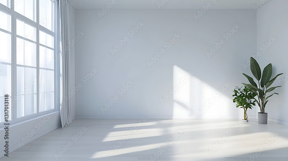 Fototapeta premium A large, empty room with a window and a potted plant