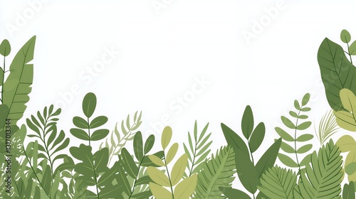 Green Tropical Leaves Border on White Background