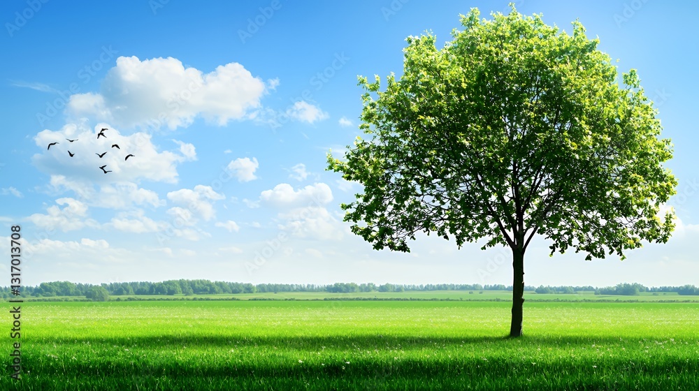 Fototapeta premium Single Green Tree in a Lush Field Under a Sunny Sky
