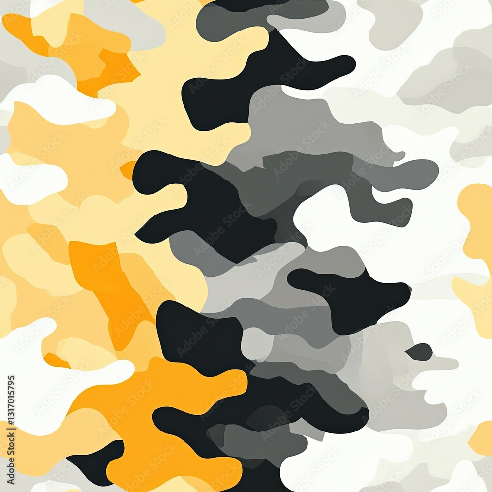Abstract camouflage pattern featuring an array of soft earthy tones including beige, gray, black, yellow, and orange in modern artistic design Abstract camouflage pattern featuring an array of soft earthy tones including beige, gray, black, yellow, and orange in modern artistic design
