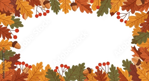 Autumn leaves frame, colorful foliage border, fall colors, oak leaves, maple leaves, acorns, berries, botanical illustration, flat design, warm palette, seasonal motif