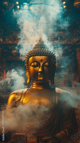 Wallpaper Mural Majestic golden buddha statue in mist at atmospheric temple setting Torontodigital.ca