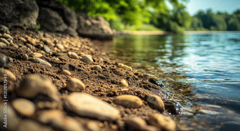 Fototapeta premium A serene landscape features smooth rocks along the water's edge, capturing the calmness of the lakeside during sunlight