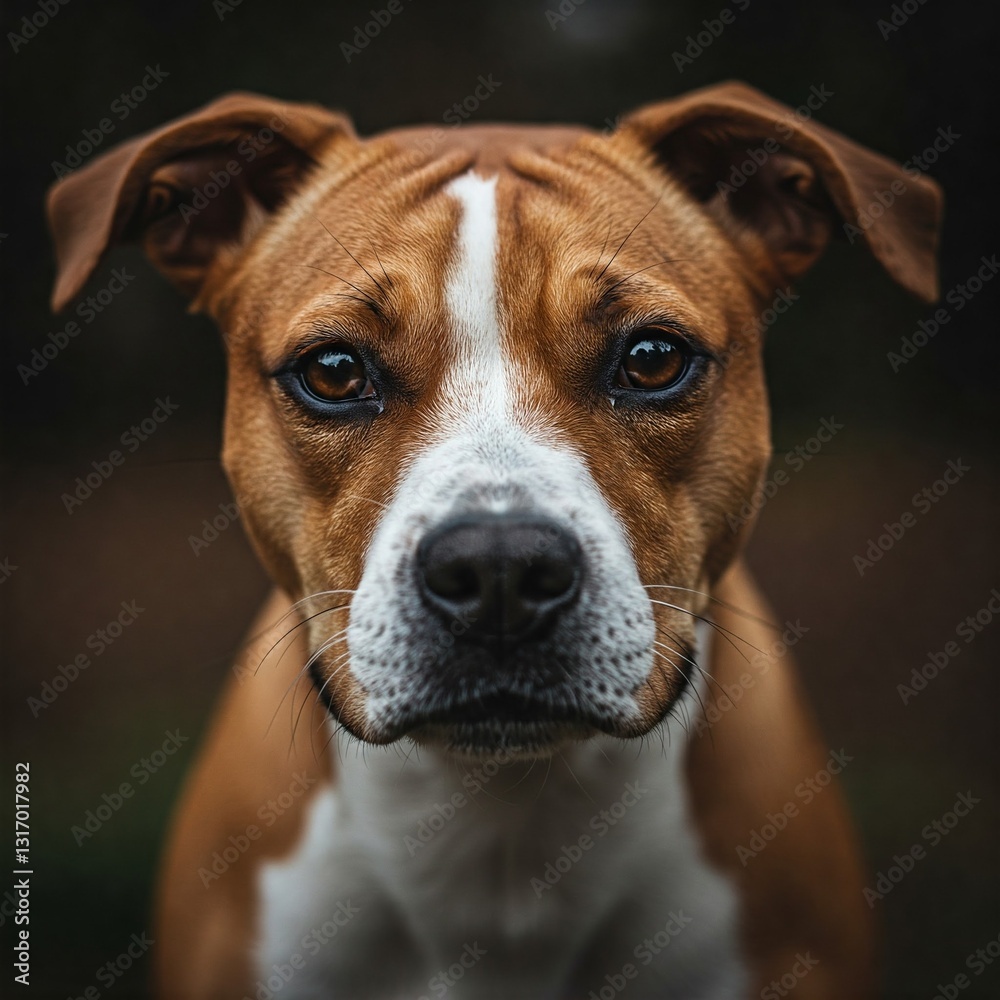 Large dog looking at camera. Head shot of puppy dog with serious or concerned face. Frowning or opinionated face expression. 2 years old female Boxer Pitbull mix breed, tan white. Selective focus. Large dog looking at camera. Head shot of puppy dog with serious or concerned face. Frowning or opinionated face expression. 2 years old female Boxer Pitbull mix breed, tan white. Selective focus.
