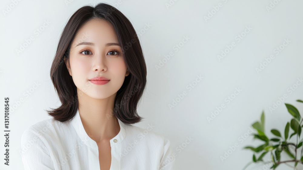A confident woman posing with a serene expression in a bright, minimalist setting. A confident woman posing with a serene expression in a bright, minimalist setting.