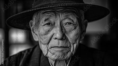 Portrait of asian elderly male in hat with deep wrinkles in black and white photo