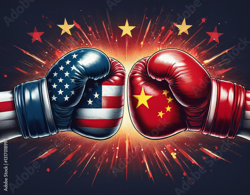 American and Chinese hands with boxing gloves hit against white background symbolizing tensions between countries