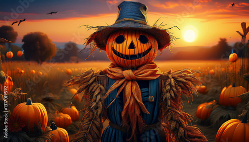 Scarecrow in a field at sunset with pumpkins on the ground and flying bats