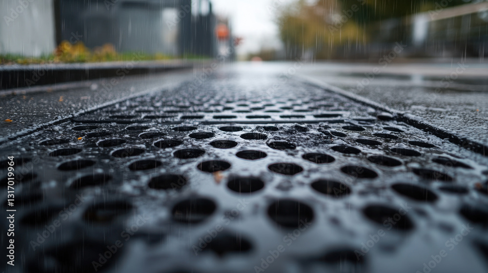 Fototapeta premium Rain falls on a black metal grate drainage system that's located on a wet asphalt road