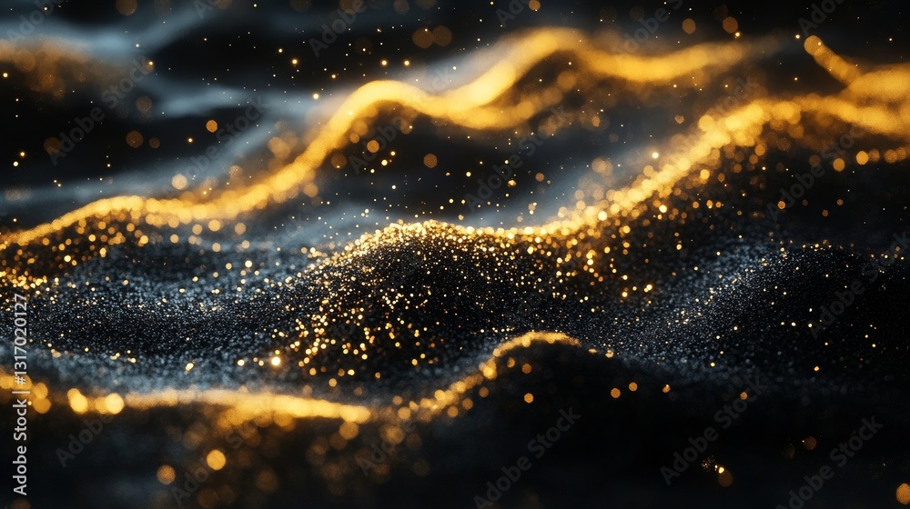 Abstract wavy flow of golden glitter and dust particles of different sizes on a black background resembling a glowing pattern Abstract wavy flow of golden glitter and dust particles of different sizes on a black background resembling a glowing pattern