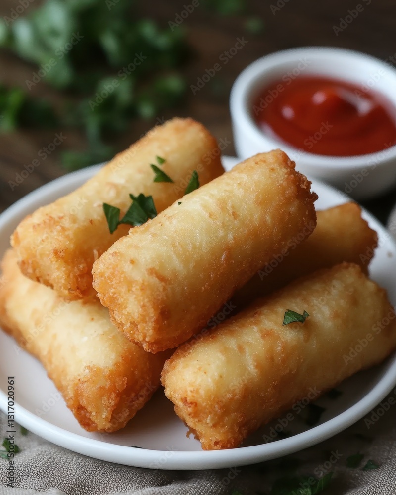 Golden fried mozzarella sticks on white plate with ketchup dip elegant food photography style Golden fried mozzarella sticks on white plate with ketchup dip elegant food photography style