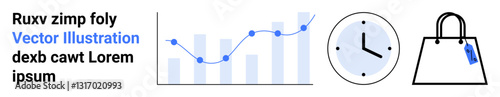 Line graph with data points, analog clock for time tracking, and shopping bag with tag. Ideal for business, analytics, scheduling, ecommerce, productivity, marketing strategy flat landing page