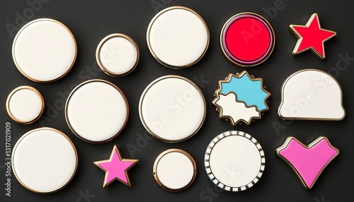 Set of blank white enamel pin badges, various sizes, minimal, texture