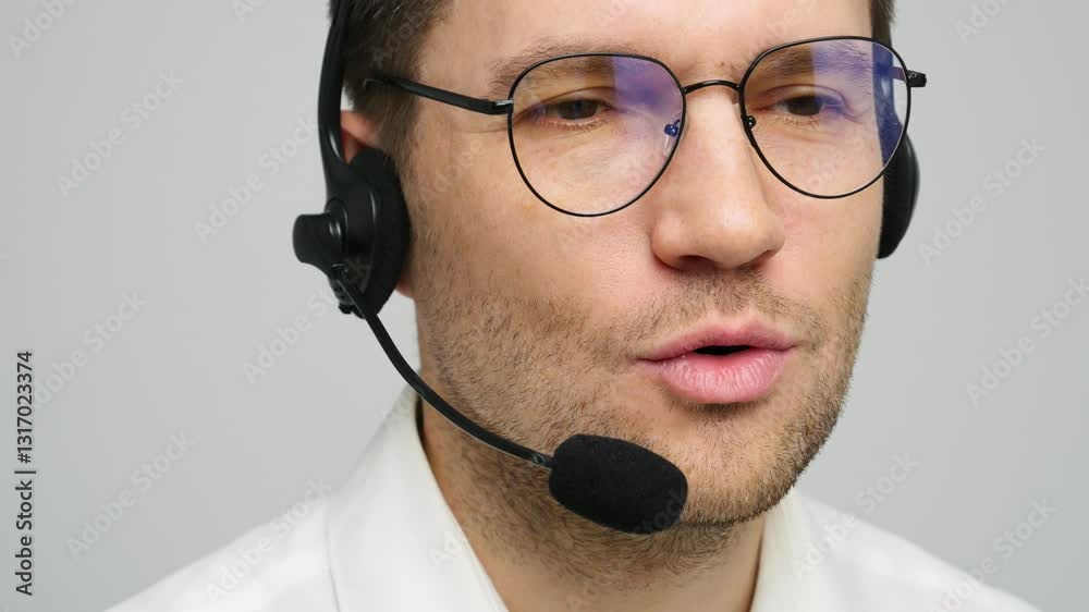 Professional man wearing headset smiling while providing customer support in a modern office Professional man wearing headset smiling while providing customer support in a modern office