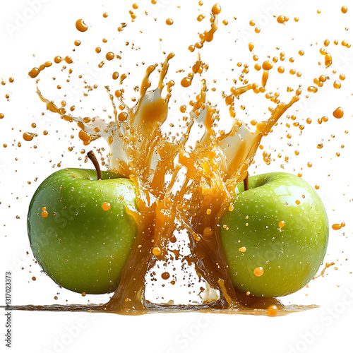 Green Apples and Caramel Drops Splashing with Orange Juice Isolated on Transparent Background