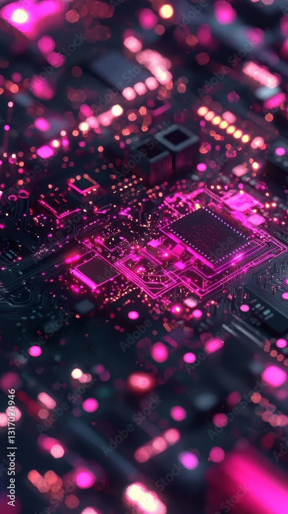 Obraz premium Vibrant Pink Digital Circuit Board with Glowing Microchips