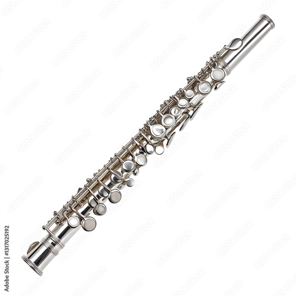 Fototapeta premium Elegant Silver Flute Musical Instrument Isolated on White Background for Music Design