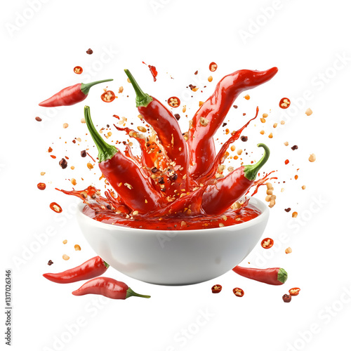 Bowl of Chilis with Ghost Pepper Sauce Splash Isolated on Transparent Background