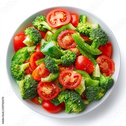 Fresh and colorful salad with tomatoes, broccoli, and bell peppers, seasoned to perfection and served in a pristine white bowl.