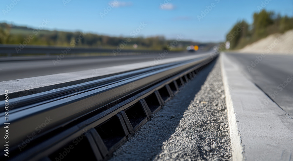 New asphalt track edge installed along highway, bordering concrete barrier with gravel. Sunny day