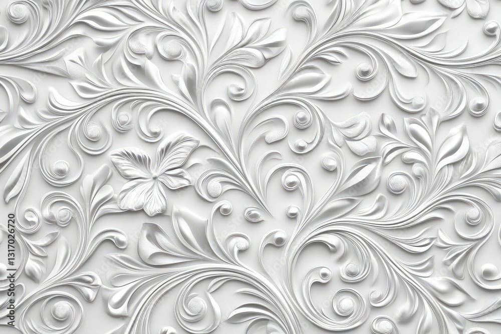 Elegant white 3D floral pattern. Intricate design with swirls and leaves creates a luxurious texture. Perfect for wallpapers, backgrounds, or design projects. Elegant white 3D floral pattern. Intricate design with swirls and leaves creates a luxurious texture. Perfect for wallpapers, backgrounds, or design projects.