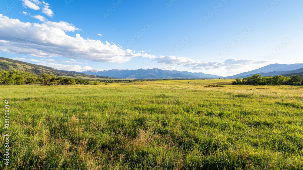 Expansive green field with majestic mountains and vibrant blue sky in the background. Expansive green field with majestic mountains and vibrant blue sky in the background.