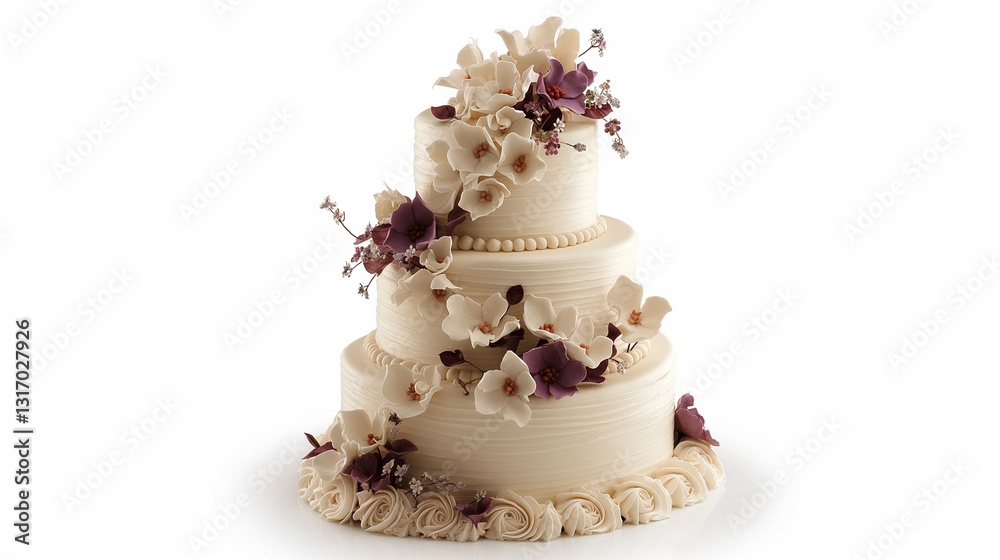 Fototapeta premium Elegant Three-Tier Wedding Cake with Floral Sugar Decorations on White Background