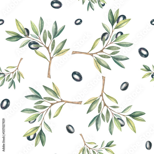 seamless background with olives.Olive branches, leaves and fruits. Watercolor seamless pattern. Olives on white background. For fabric, packaging paper, scrapbooking, product packaging design