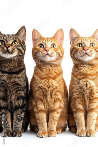 Three adorable cats sitting side by side looking up on a white background studio shot with a bright and clean visual mood