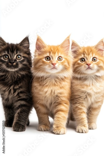 Three Adorable Maine Coon Kittens Standing Together on White Background in Studio Setting with Cute Expressions and Soft Fur for Pet Photography
