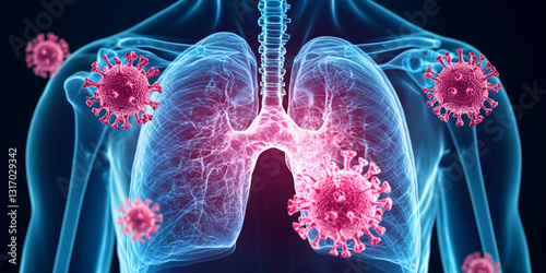 A digital illustration showing human lungs affected by viruses, emphasizing the impact of infections on respiratory health.