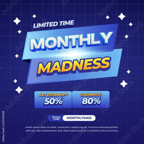 Monthly Madness Shopping day Sale discount deals Soft dynamic dark Blue gradient Editable text effect grid style background with Pop up sale badge Promotional banner flyer Template