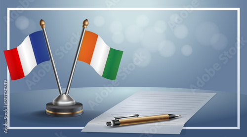 France and Cote D'Ivoire National flags on small table with bokeh background, cooperative relationship. Template vector Illustration