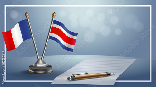 France and Costa Rica National flags on small table with bokeh background, cooperative relationship. Template vector Illustration