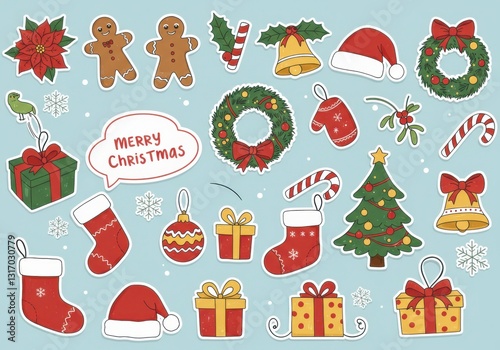 Christmas stickers, festive icons, cute holiday illustrations, poinsettia, gingerbread cookie, candy cane, wreath, Christmas tree, Santa hat, jingle bell, Christmas stocking