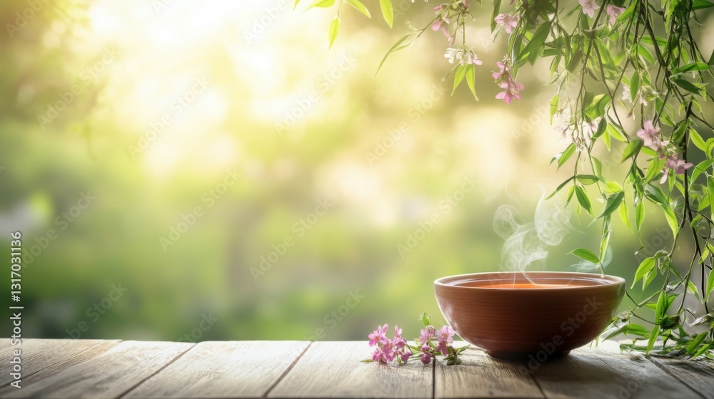 Fresh willow branches with seasonal flowers beside a steaming herbal tea, evoking nature's calm and renewal. Fresh willow branches with seasonal flowers beside a steaming herbal tea, evoking nature's calm and renewal.