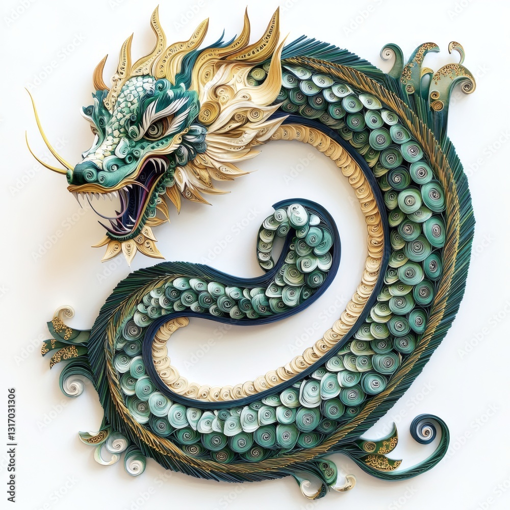 Obraz premium Golden Chinese Dragon Statue in Traditional Style on White Background