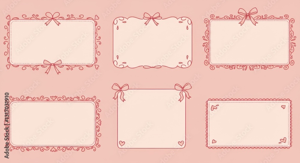 Hand-drawn frames, delicate red outlines, Valentine's Day borders, heart shape, rectangular frames, ornate swirls, bow decorations, scalloped edges, dainty details Hand-drawn frames, delicate red outlines, Valentine's Day borders, heart shape, rectangular frames, ornate swirls, bow decorations, scalloped edges, dainty details
